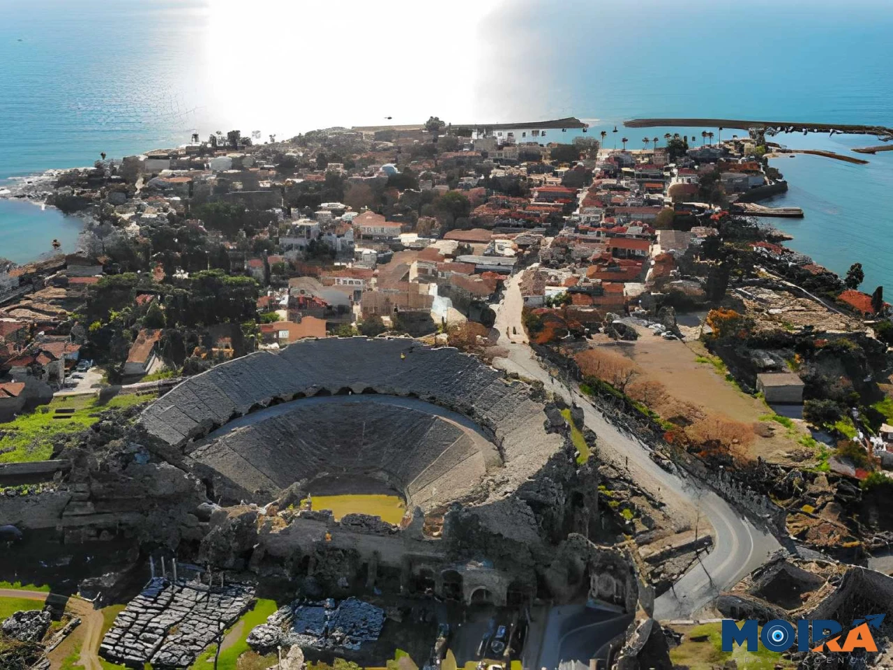side-roman-amphitheater-aerial-view-mediterranean-coastal-ruins-turkey